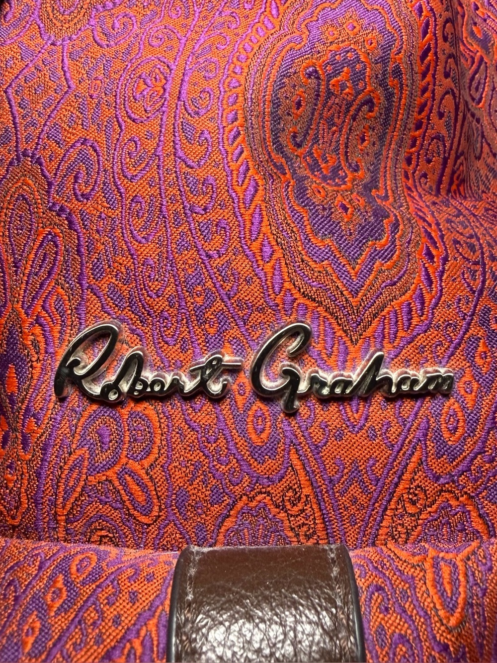 Robert Graham Stellen Rucksack Paisley Red Purple Silk + Brown Leather, Backpack - Picture 13 of 16